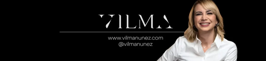 Banner Vilma Núñez - Marca Personal y Contacto Banner con nombre 'VILMA', sitio web vilmanunez.com, handle @vilmanunez y fotografía de una mujer sonriente.