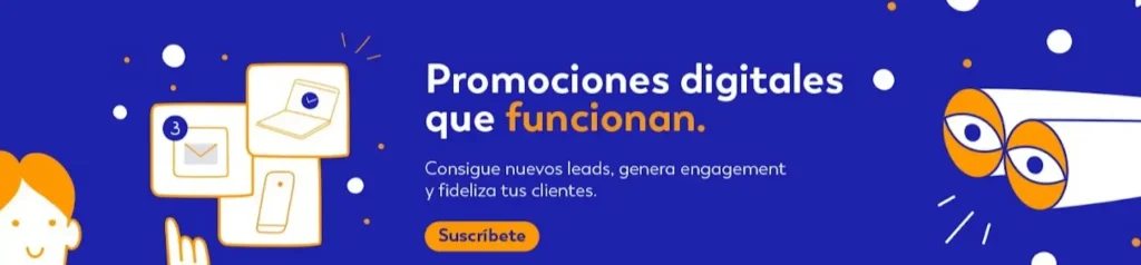 Easypromos - Promociones digitales que funcionan Banner de Easypromos con fondo azul, ilustraciones de email marketing y dispositivos digitales, junto con el texto "Promociones digitales que funcionan".