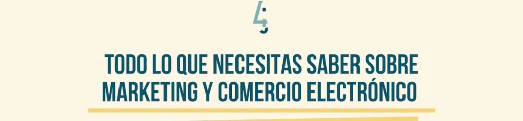 Todo lo que necesitas saber sobre marketing y comercio electrónico - Marketing 4 Ecommerce Imagen con el texto 'Todo lo que necesitas saber sobre marketing y comercio electrónico' sobre un fondo de color crema claro, con líneas horizontales amarillas y un símbolo gráfico en azul, perteneciente a Marketing 4 Ecommerce.
