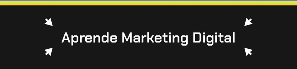 Aprende Marketing Digital - SEOSVE Banner con fondo negro y texto en blanco que dice "Aprende Marketing Digital", decorado con cursores y una franja de colores en la parte superior.