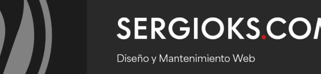 Diseño y mantenimiento web - Sergioks.com Banner con el nombre "SERGIOKS.COM" y el lema "Diseño y Mantenimiento Web" sobre un fondo oscuro, con un logotipo minimalista en tonos grises.