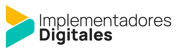 Logotipo de Implementadores Digitales, compuesto por una tipografía moderna y un icono geométrico en tonos amarillo, turquesa y negro.