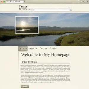 Ejemplo de diseño web anticuado y obsoleto de los años 90 con barra de navegación, menú de páginas y texto de relleno.