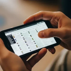 Una persona sosteniendo un teléfono móvil donde se visualiza una página web no responsive, mostrando un diseño desorganizado con texto e imágenes ilegibles.