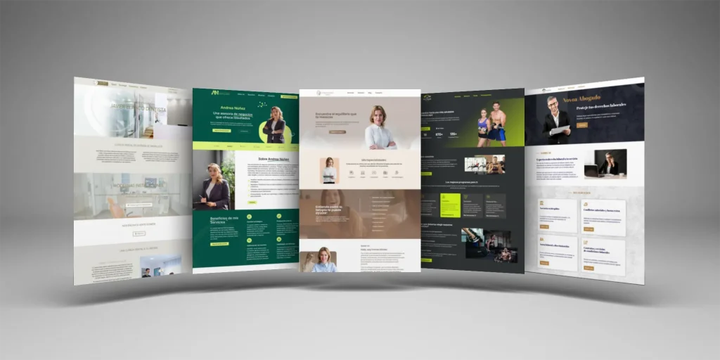 Mockup de cinco páginas web profesionales para negocios, incluyendo abogados, dentistas, coaches y entrenadores personales.