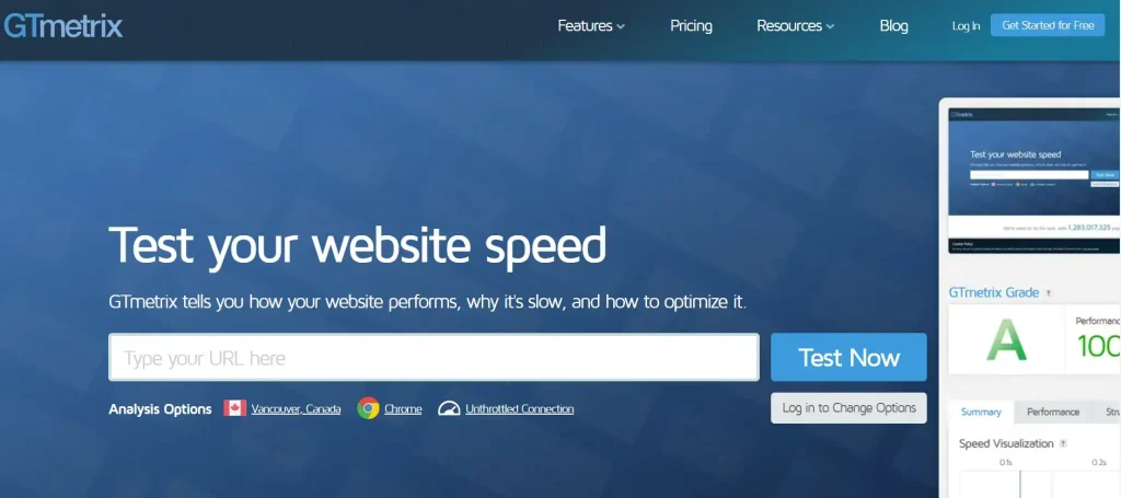 Análisis de Velocidad Web con GTmetrix Captura de pantalla de la página principal de GTmetrix, una herramienta para analizar la velocidad y el rendimiento de un sitio web. La imagen muestra el campo para ingresar una URL y el botón de prueba "Test Now".