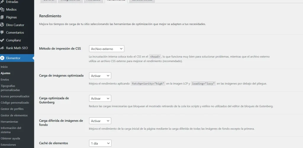 Configuración de rendimiento en Elementor para optimización web Captura de pantalla de la configuración de rendimiento en Elementor, mostrando opciones como la carga optimizada de imágenes, carga diferida (lazy loading) y optimización de Gutenberg.