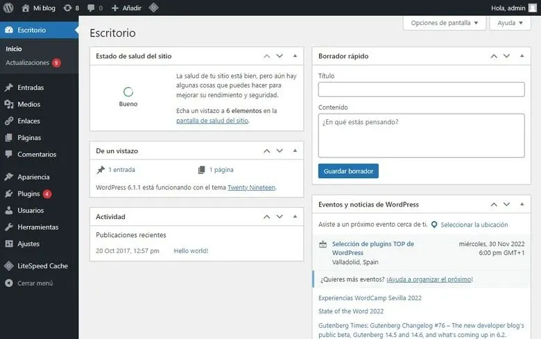 Captura de pantalla del escritorio de WordPress, mostrando el estado de salud del sitio, publicaciones recientes, acceso a entradas, páginas, comentarios y configuración general del CMS.